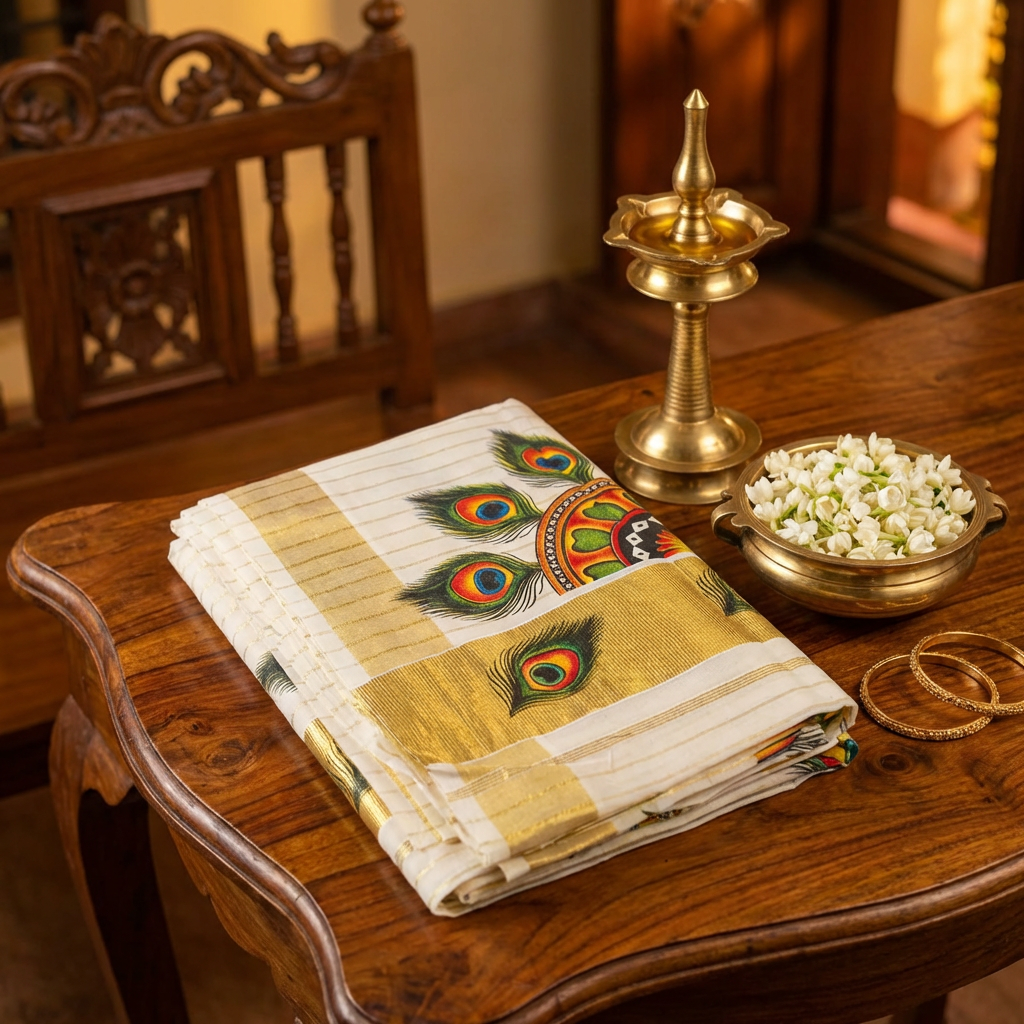 Kerala Kasavu Cotton Saree – Peacock Motif