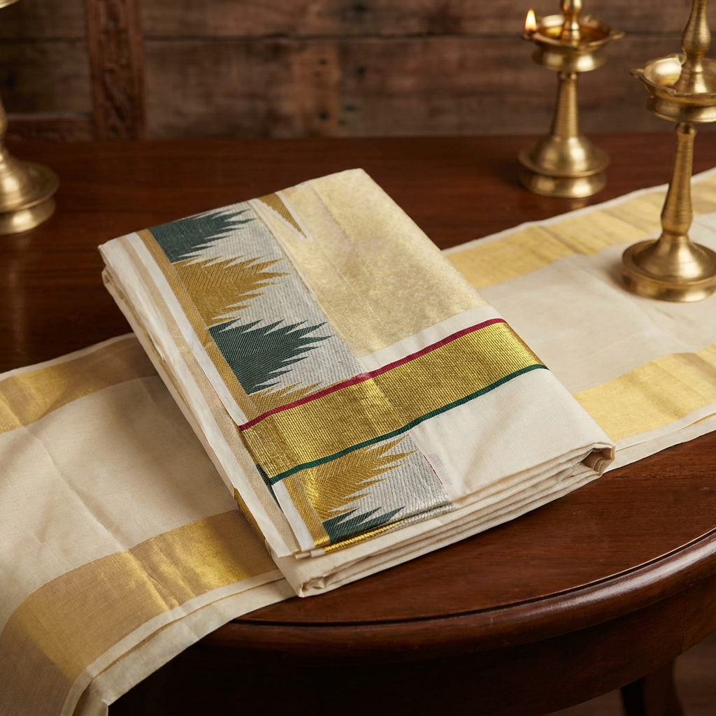 Premium Kerala Kasavu Cotton Saree with Paisley Motifs