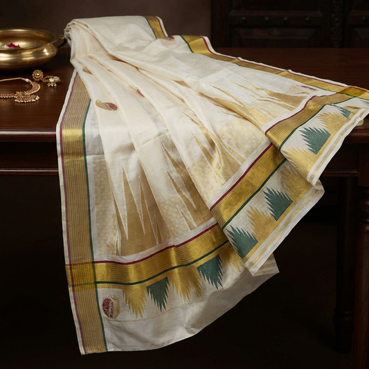 Premium Kerala Kasavu Cotton Saree with Paisley Motifs