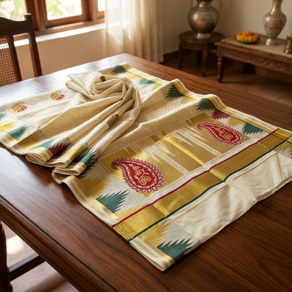 Premium Kerala Kasavu Cotton Saree with Paisley Motifs