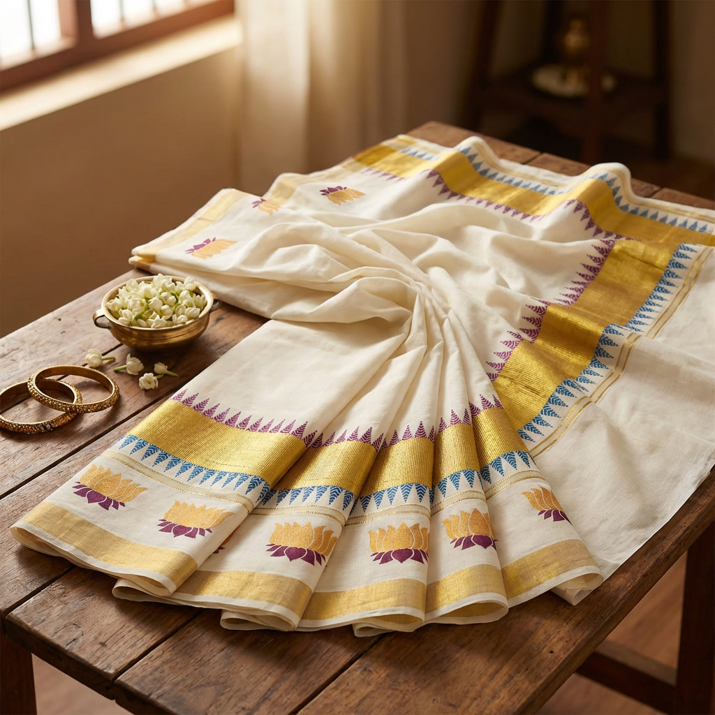 Kerala Kasavu Saree with Golden Zari Border & Lotus Motifs