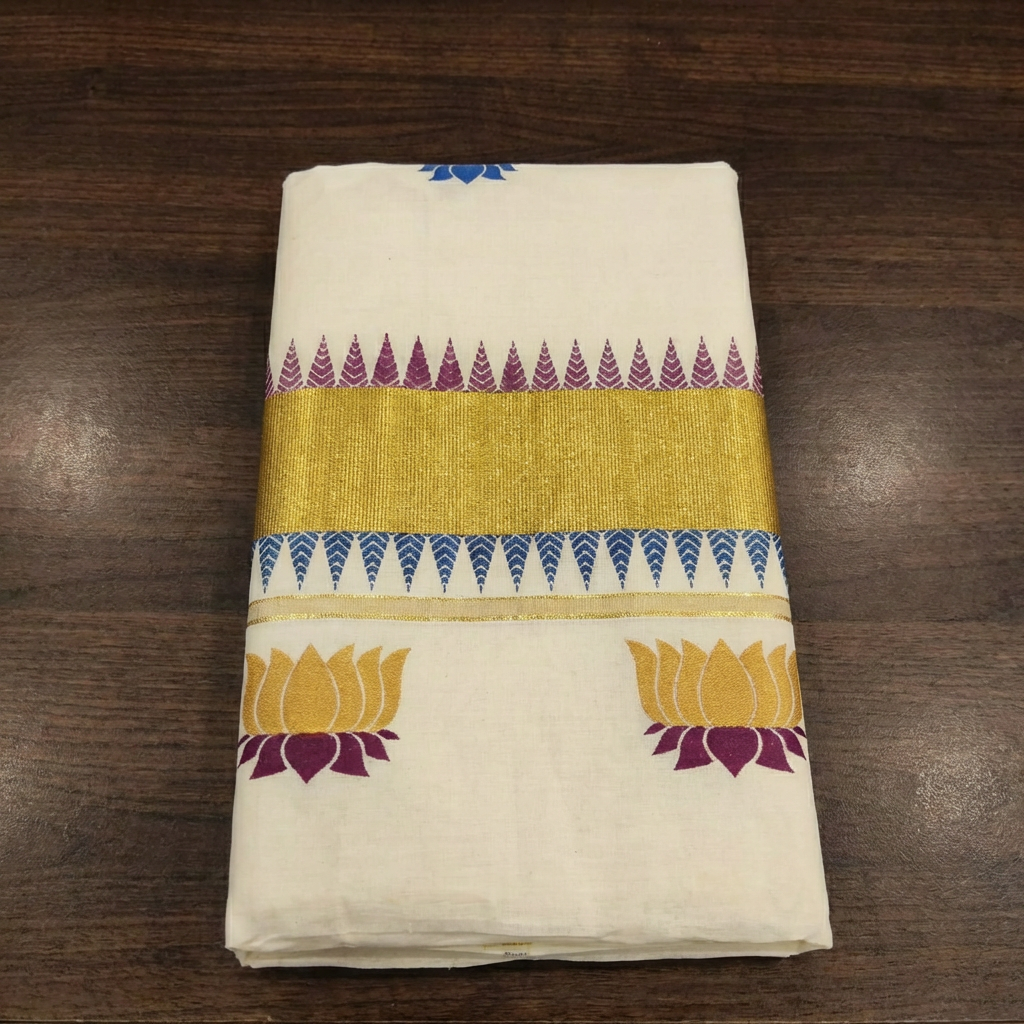 Kerala Kasavu Saree with Golden Zari Border & Lotus Motifs