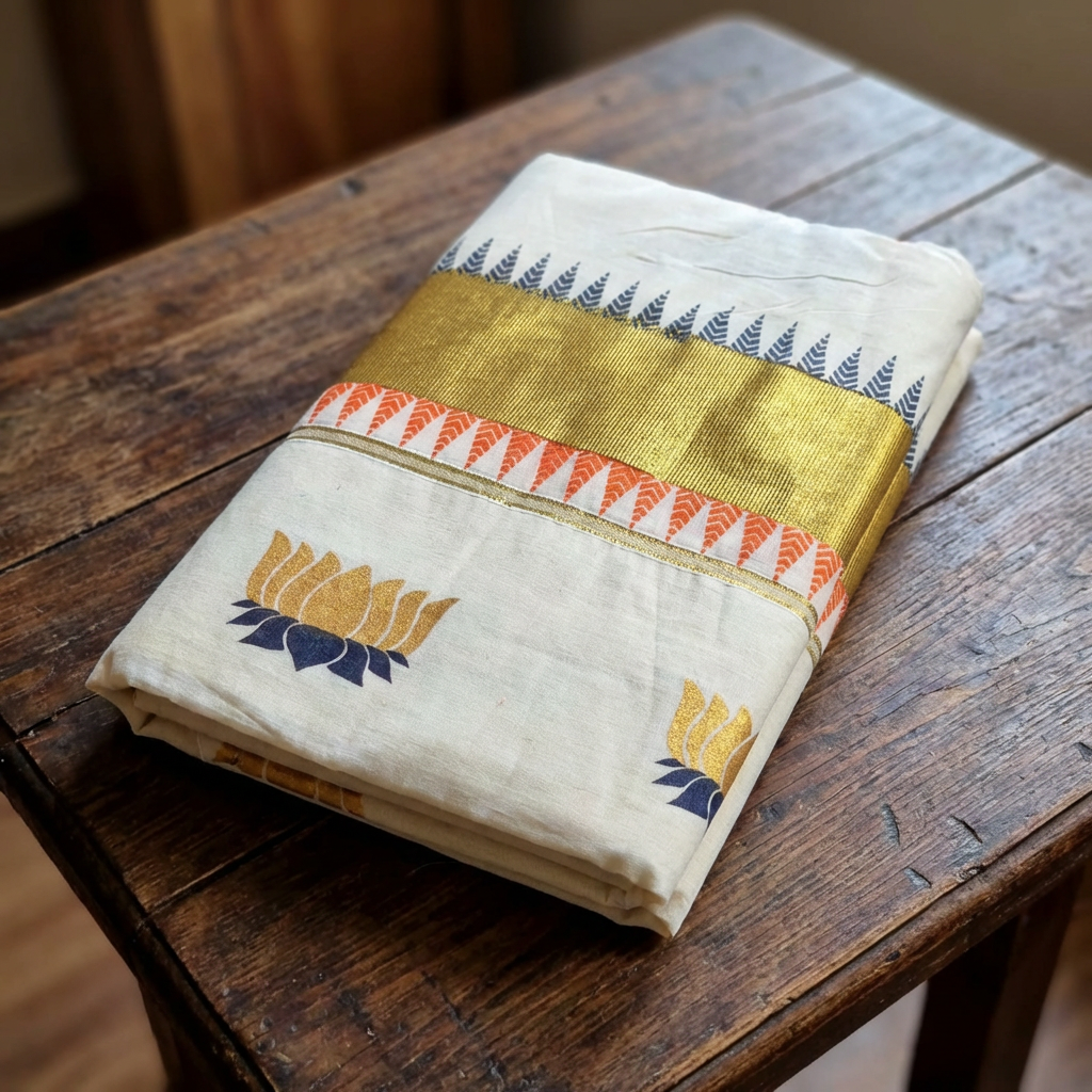 Kerala Cotton Saree with Golden Zari Border & Lotus Motifs
