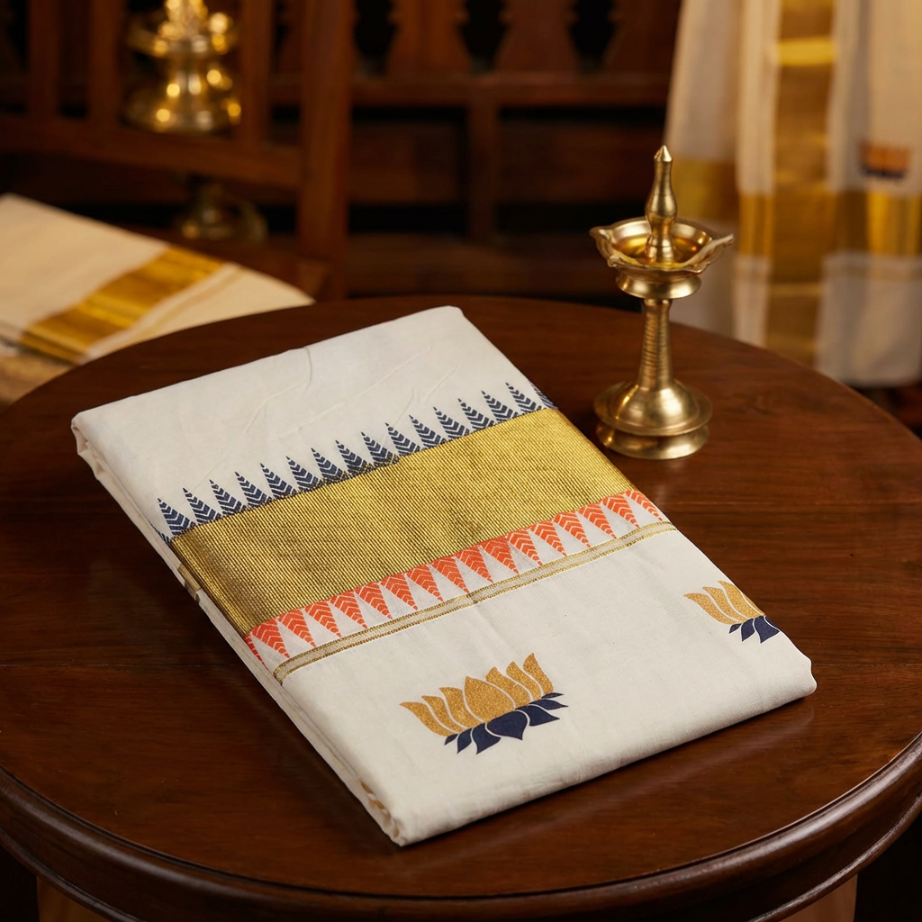 Kerala Cotton Saree with Golden Zari Border & Lotus Motifs