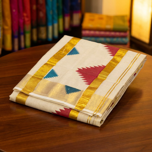Kasavu Tissue Saree with Gold Zari Border & Temple Motifs