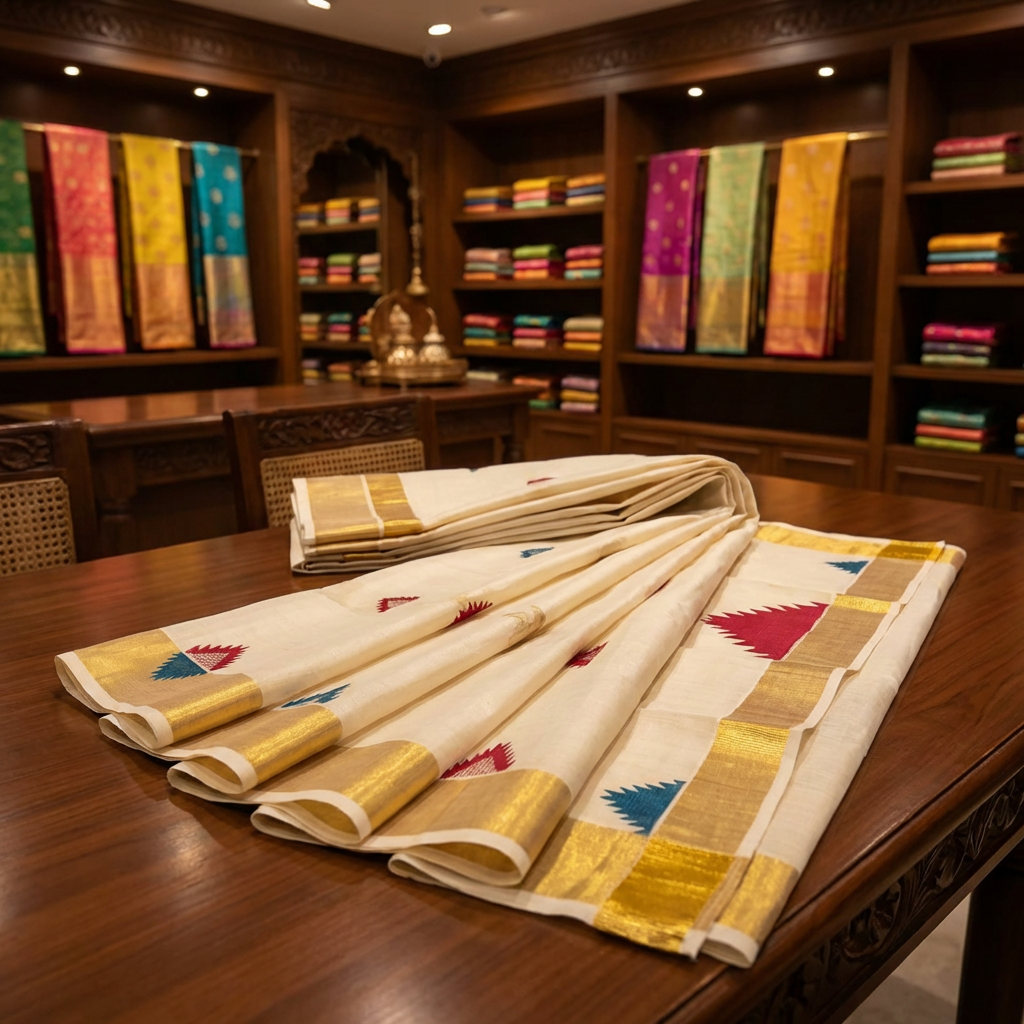 Kasavu Tissue Saree with Gold Zari Border & Temple Motifs