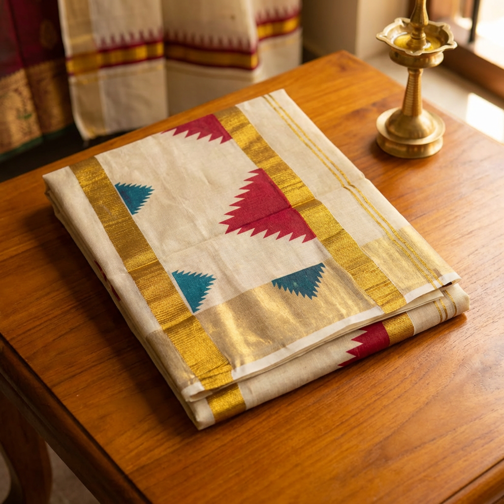 Kasavu Tissue Saree with Gold Zari Border & Temple Motifs
