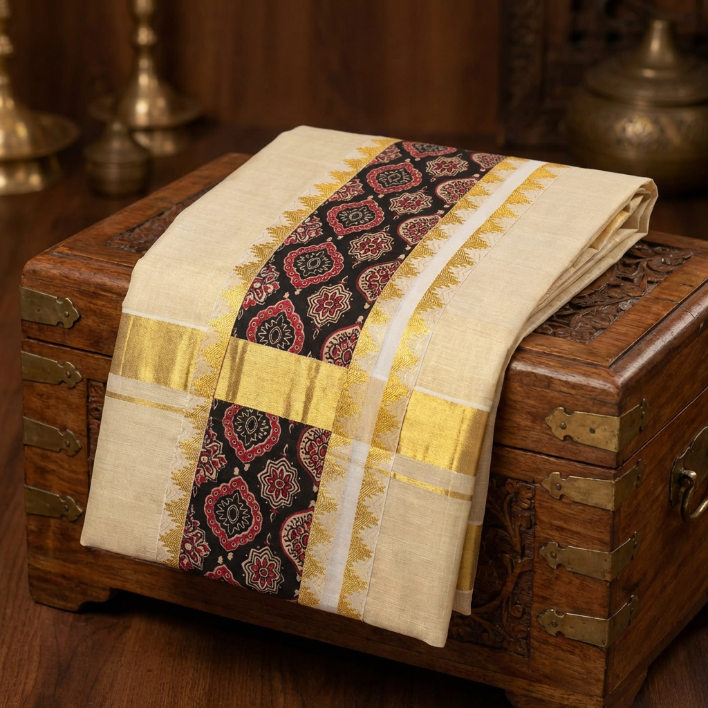 Kalamkari  Tissue Kerala Saree with Gold Zari Border