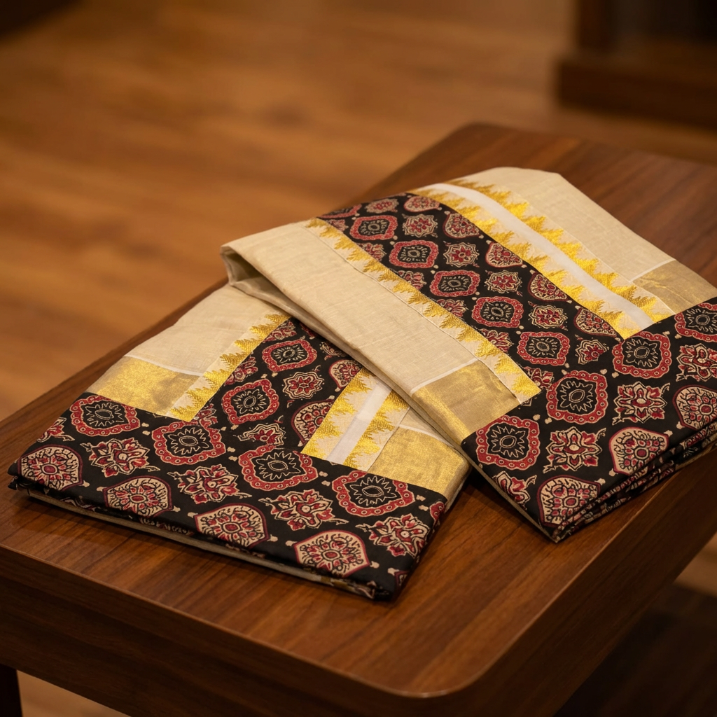 Kalamkari  Tissue Kerala Saree with Gold Zari Border