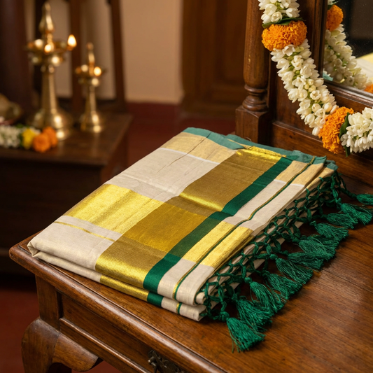 Kerala Tissue Saree with Gold Kasavu & Green Border