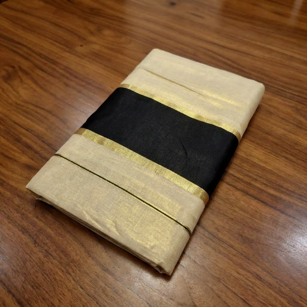 Kerala Tissue Saree with Black & Gold Kasavu Border