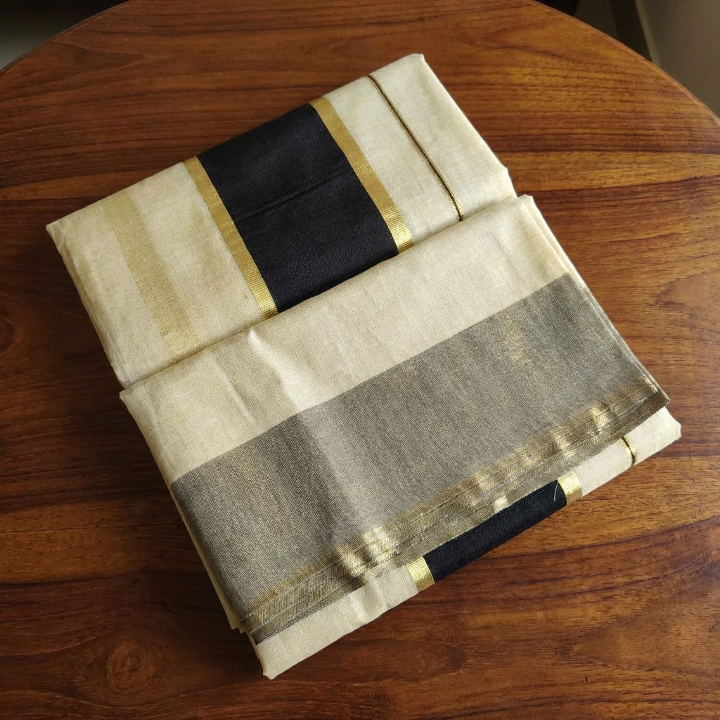 Kerala Tissue Saree with Black & Gold Kasavu Border