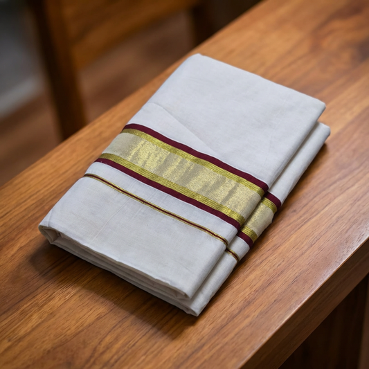Kerala Cotton Saree with Gold Kasavu Stripes & Red Border