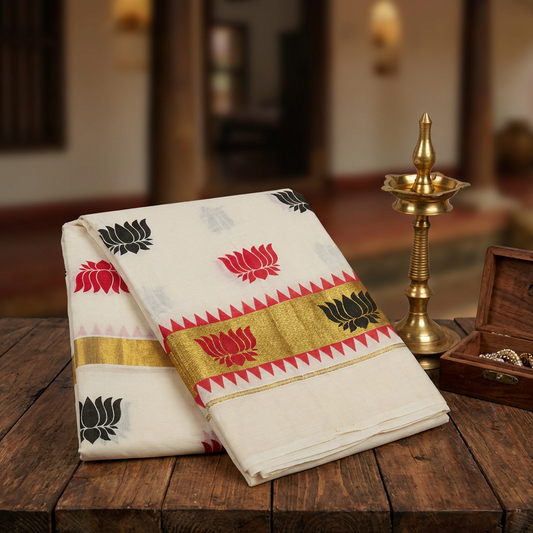Traditional Kerala Cotton Kasavu Saree with Lotus Design