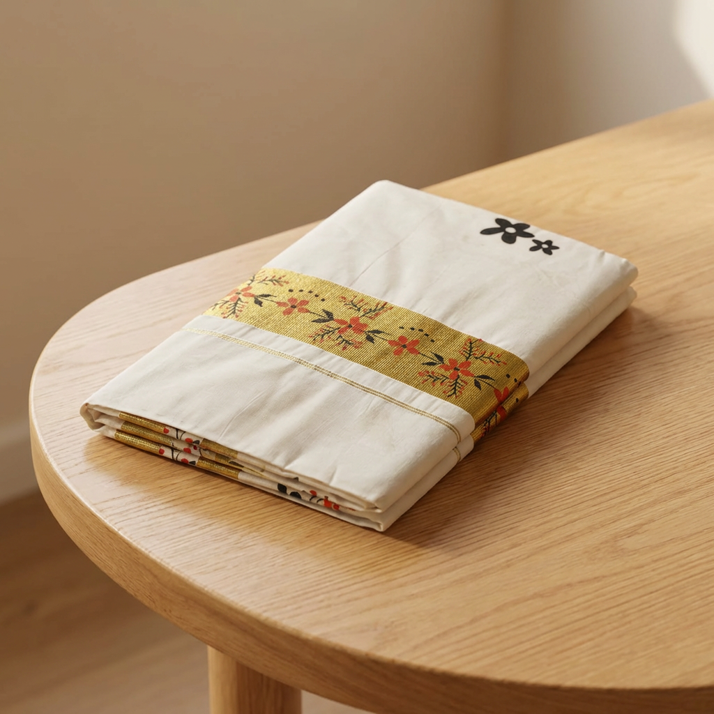 Kerala Cotton Saree with Floral Border & Gold Kasavu
