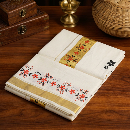 Kerala Cotton Saree with Floral Border & Gold Kasavu