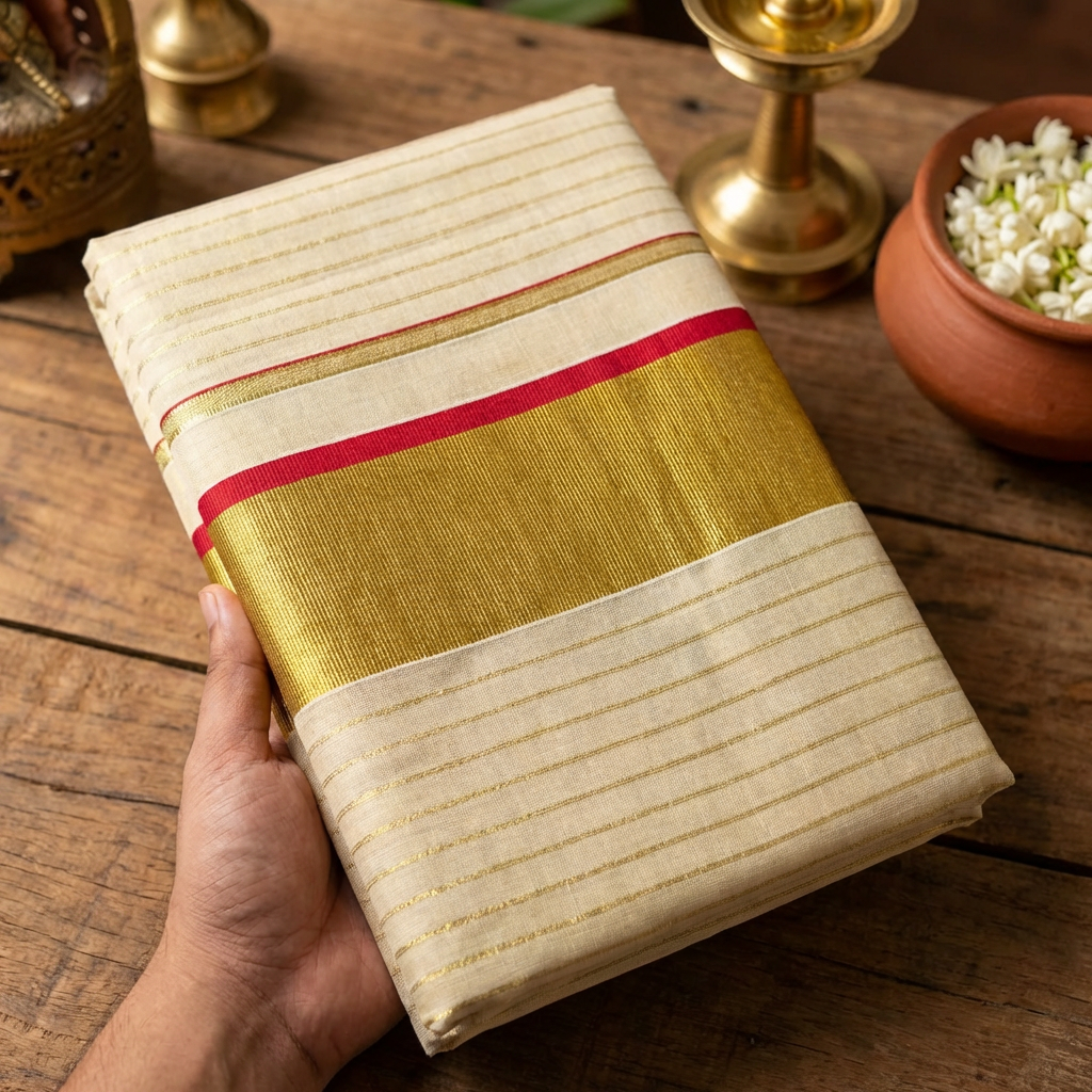 Kerala Tissue Saree with Gold Kasavu Stripes & Red Accent Border