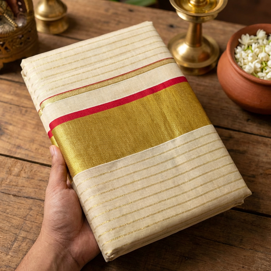Kerala Tissue Saree with Gold Kasavu Stripes & Red Accent Border