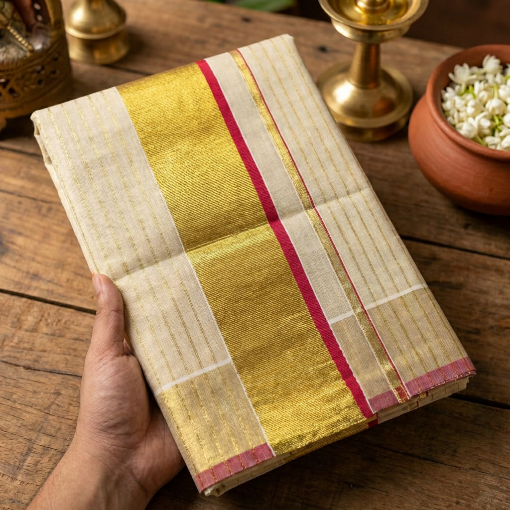 Kerala Tissue Saree with Gold Kasavu Stripes & Red Accent Border