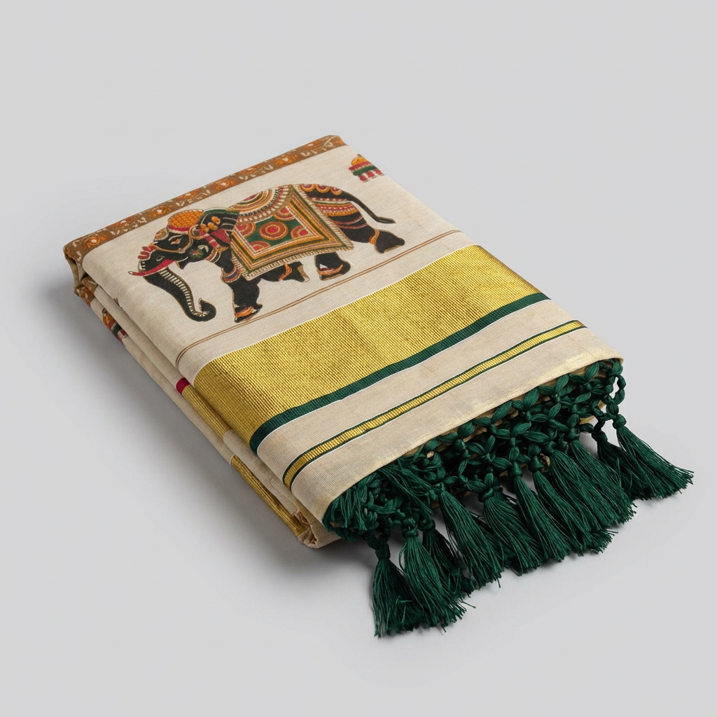 Kerala Tissue Saree with Elephant Motif & Gold Kasavu and Green Border