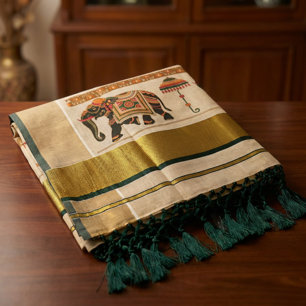 Kerala Tissue Saree with Elephant Motif & Gold Kasavu and Green Border