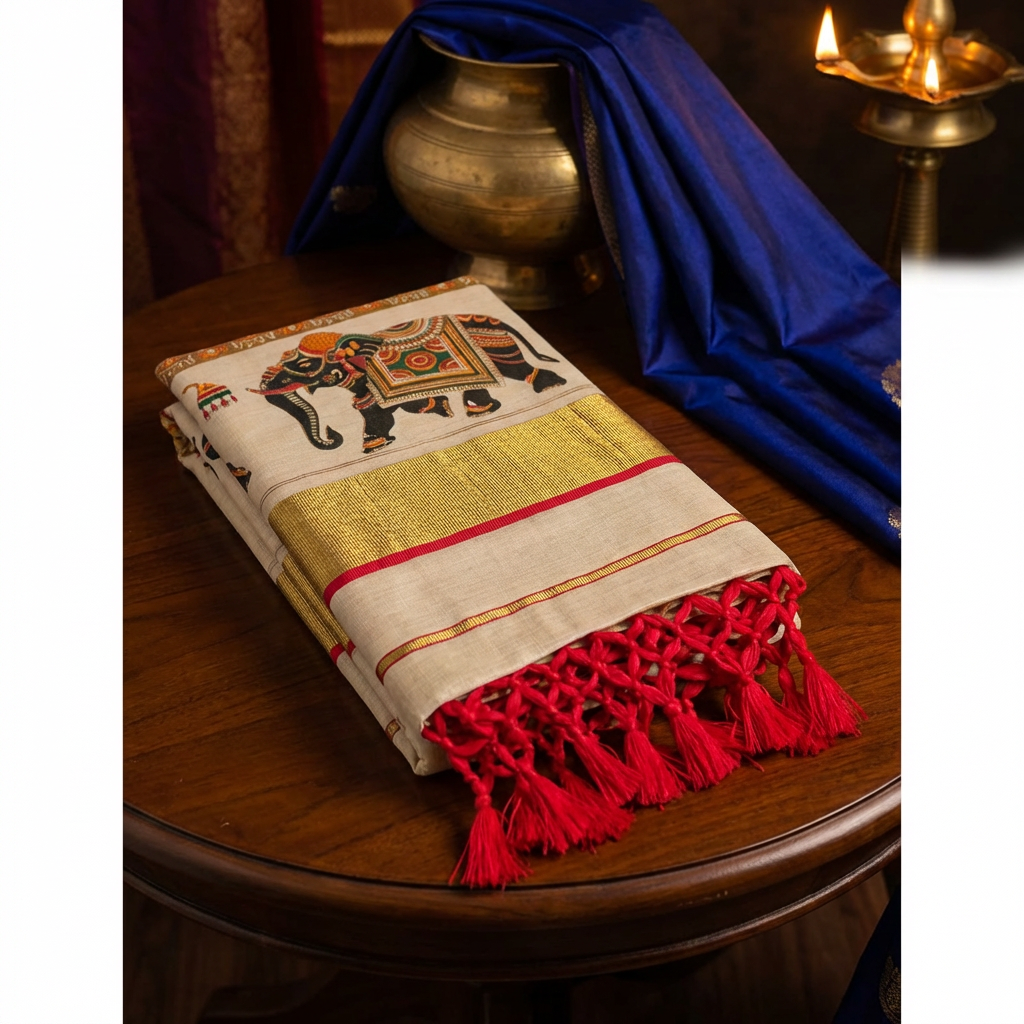 Kerala Tissue Saree with Elephant Motif & Gold Kasavu and Red Border