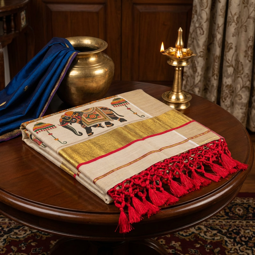 Kerala Tissue Saree with Elephant Motif & Gold Kasavu and Red Border