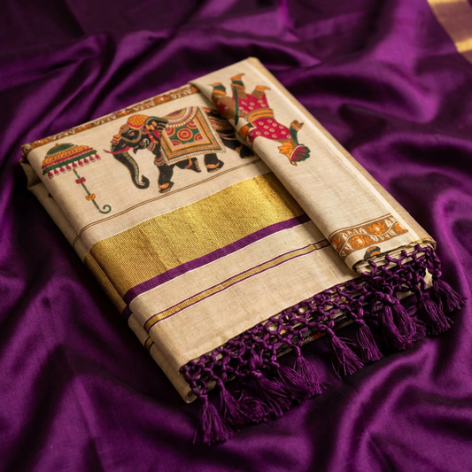 Kerala Tissue Saree with Elephant Motif & Gold Kasavu and Purple Border