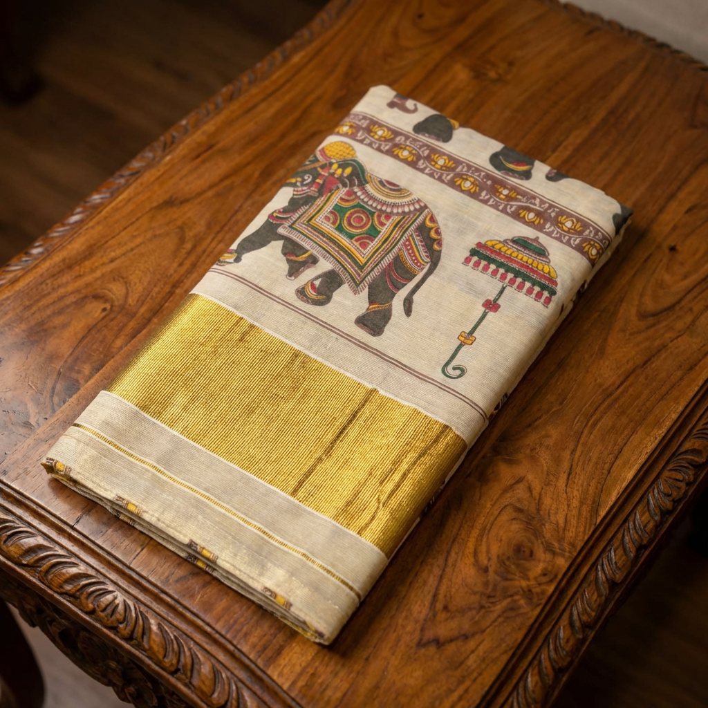 Kerala Tissue Saree with Elephant Motif & Gold Kasavu