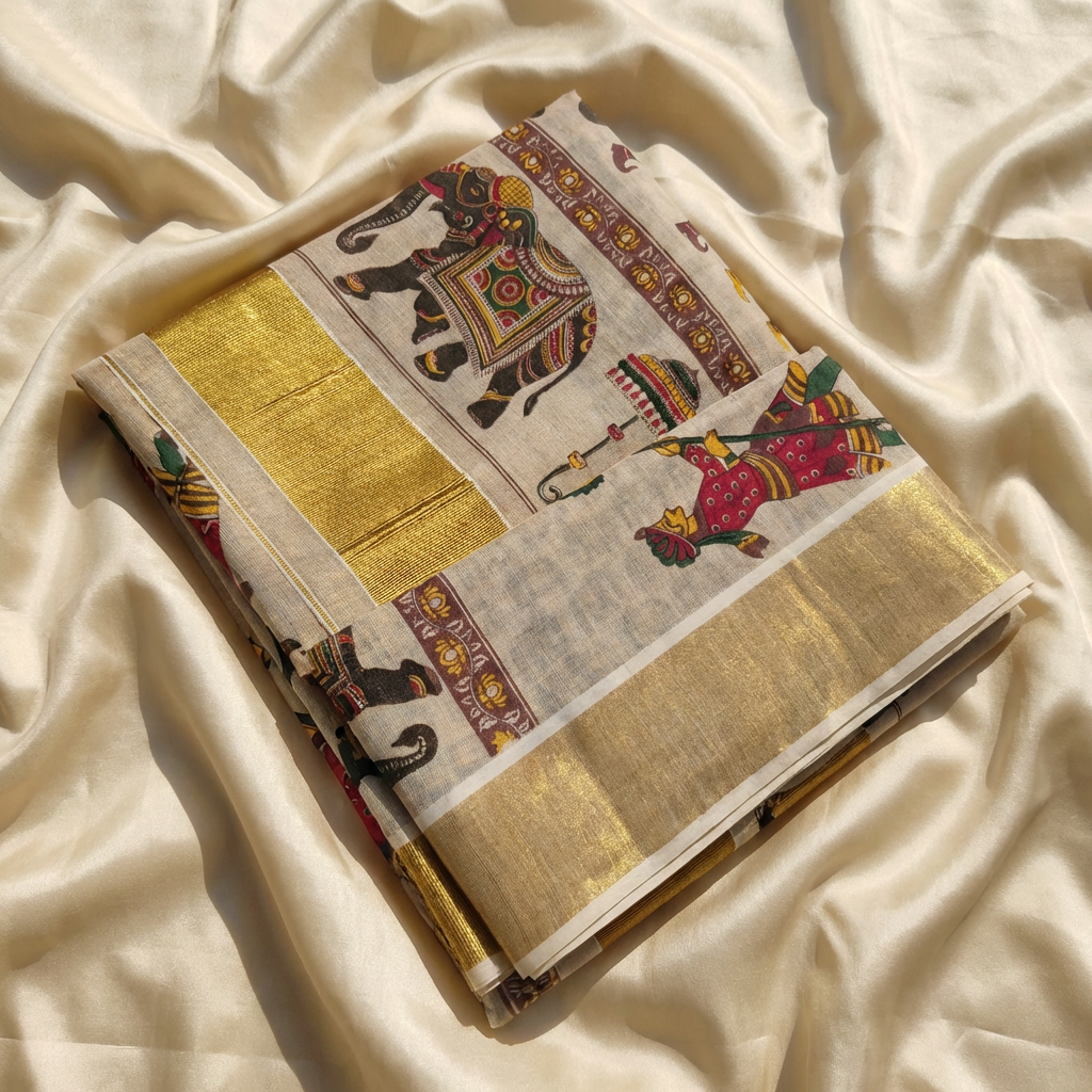 Kerala Tissue Saree with Elephant Motif & Gold Kasavu