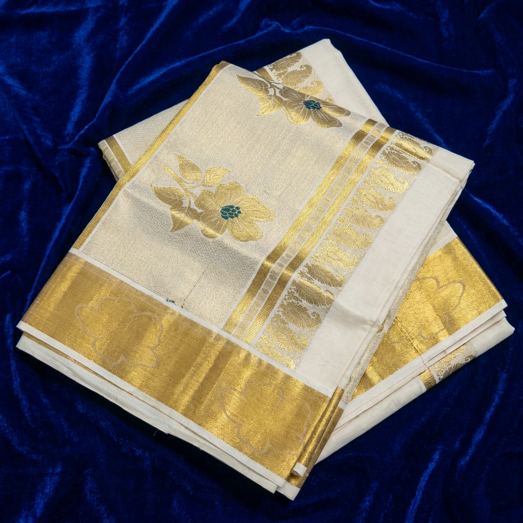 Gold Premium Kerala Kasavu Saree with Flower Weave
