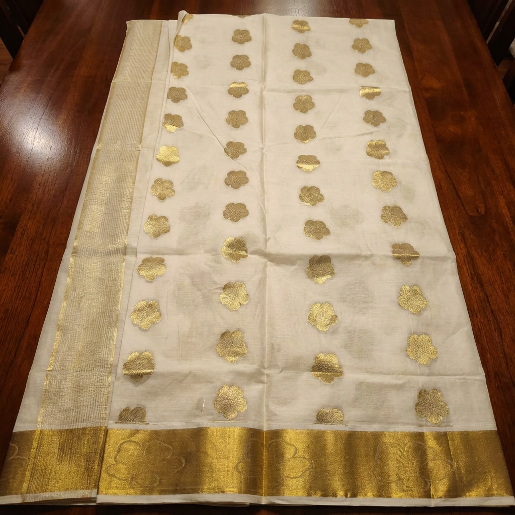 Gold Premium Kerala Kasavu Saree with Flower Weave