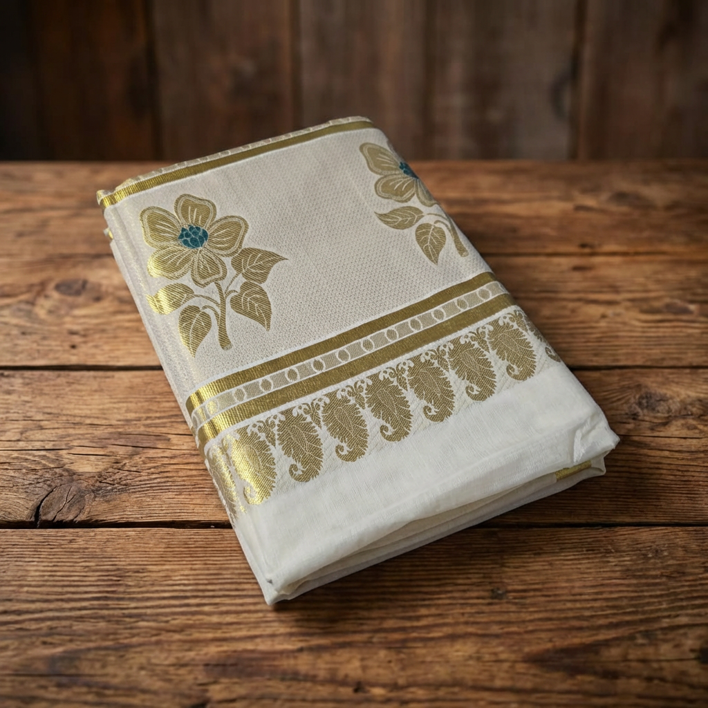 Gold Premium Kerala Kasavu Saree with Flower Weave