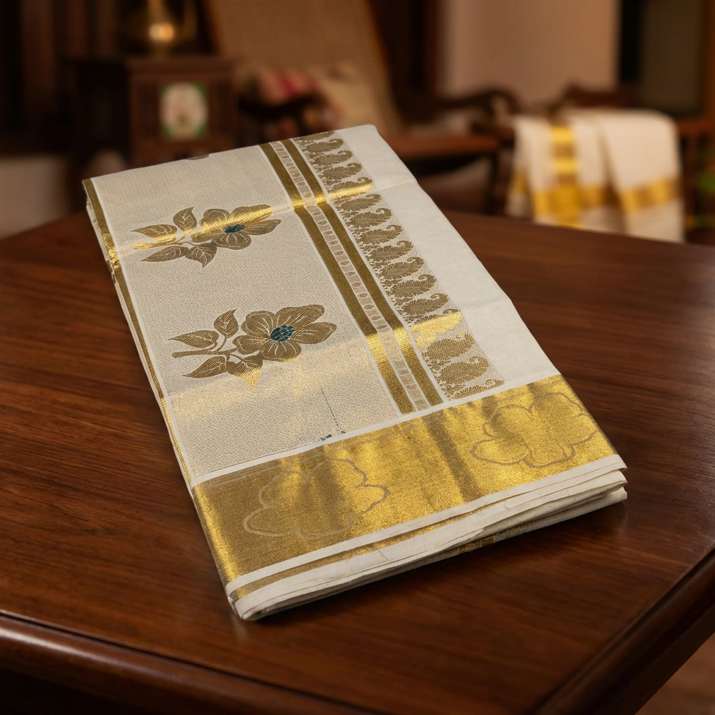 Gold Premium Kerala Kasavu Saree with Flower Weave