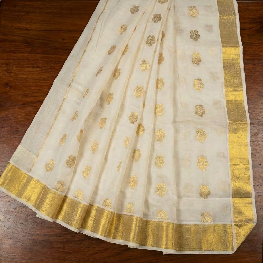 Gold Premium Kerala Kasavu Saree with Flower Weave