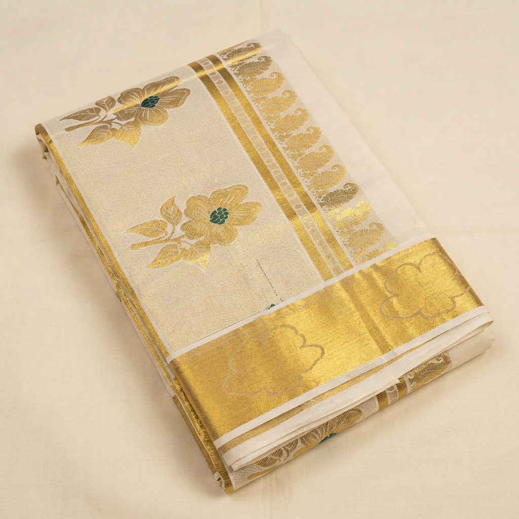 Gold Premium Kerala Kasavu Saree with Flower Weave