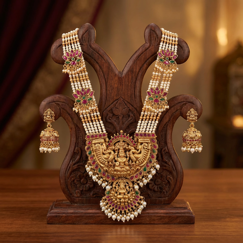 Lakshmi  Pearl and Golden Beads Antique Long Haram