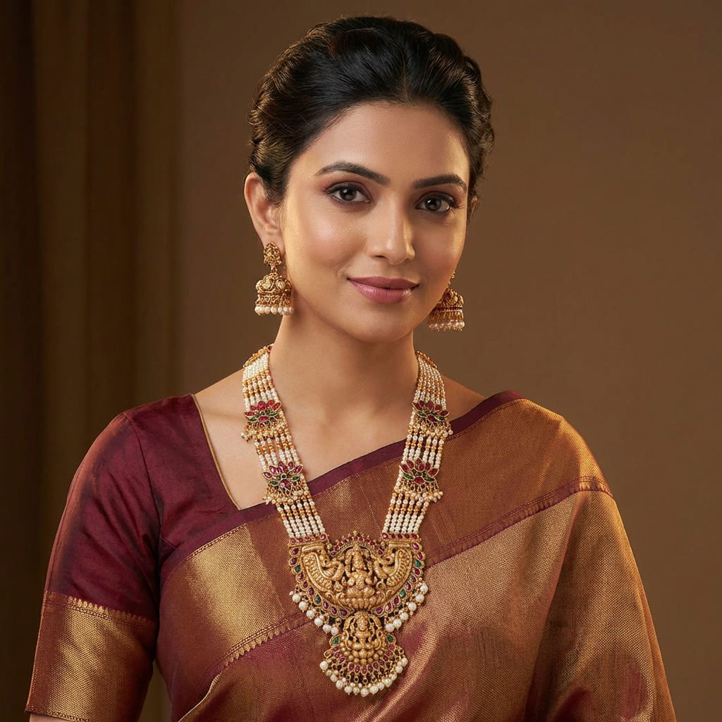 Lakshmi  Pearl and Golden Beads Antique Long Haram