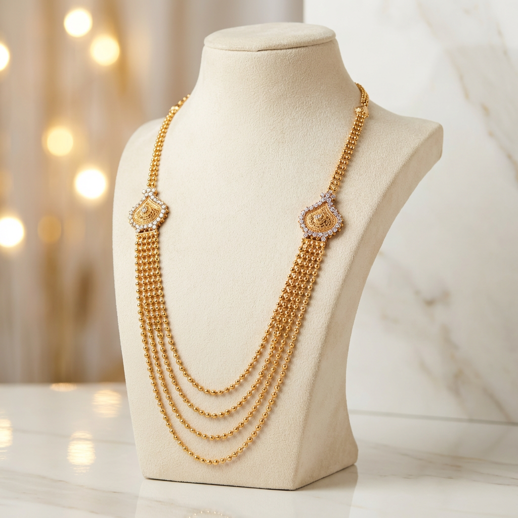 Gold plated Layered Long Bead Necklace (20 inch)