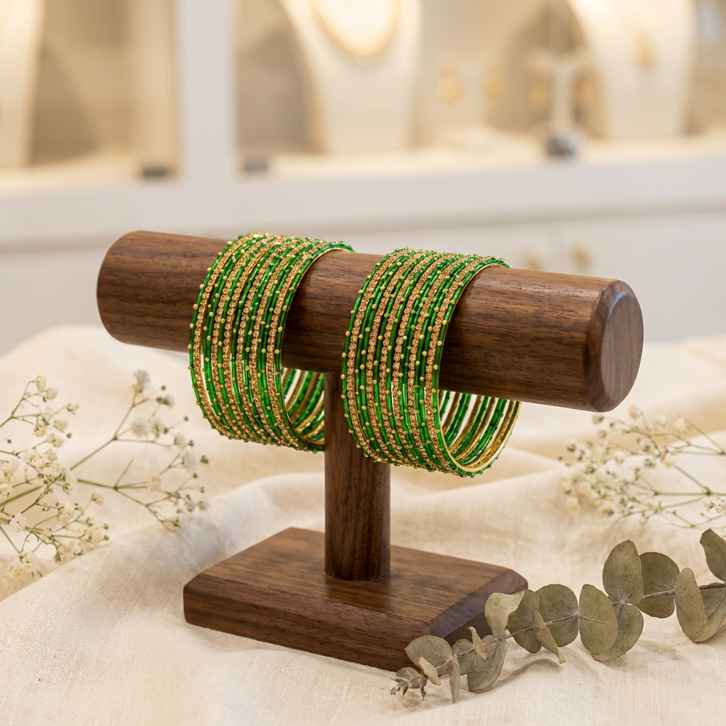 Green & Gold Metal Bangles with Crystal Stones set of 18