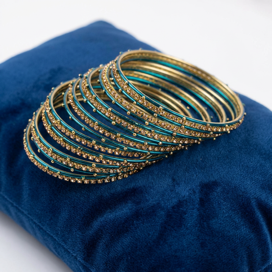 Teal Blue & Gold Metal Bangles with Crystal Stones set of 18
