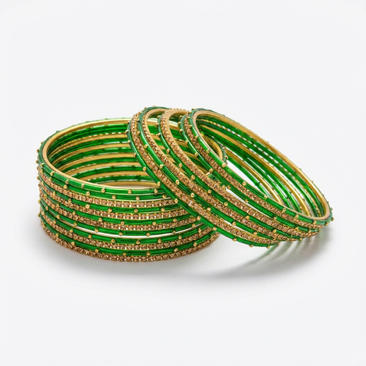 Green & Gold Metal Bangles with Crystal Stones set of 18