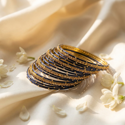 Dark Blue & Gold Metal Bangles with Crystal Stones set of 18