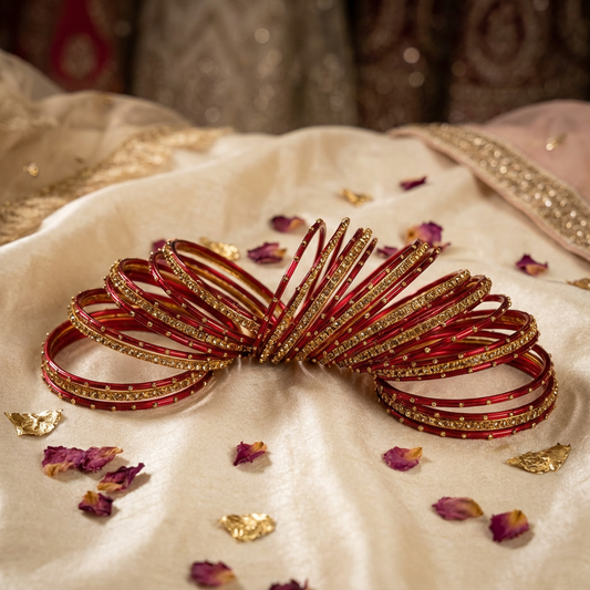 Red & Gold Metal Bangles with Crystal Stones set of 18