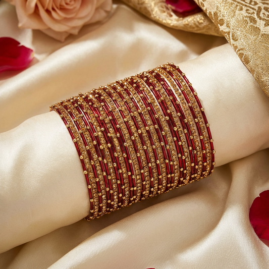 Maroon & Gold Metal Bangles with Crystal Stones set of 18