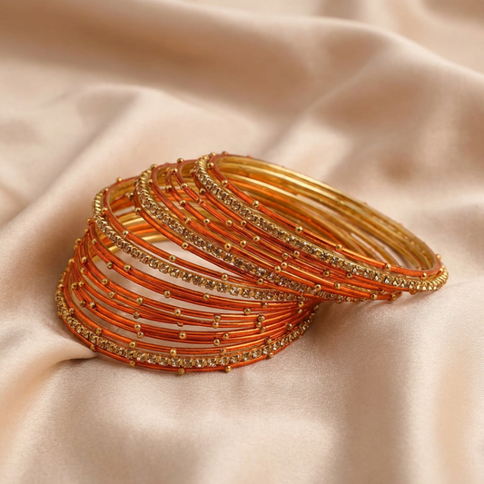 Copper & Gold Metal Bangles with Crystal Stones set of 18