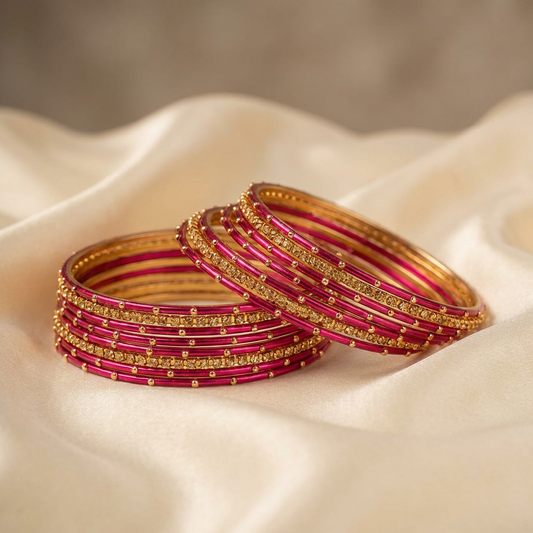 Pink & Gold Metal Bangles with Crystal Stones set of 18