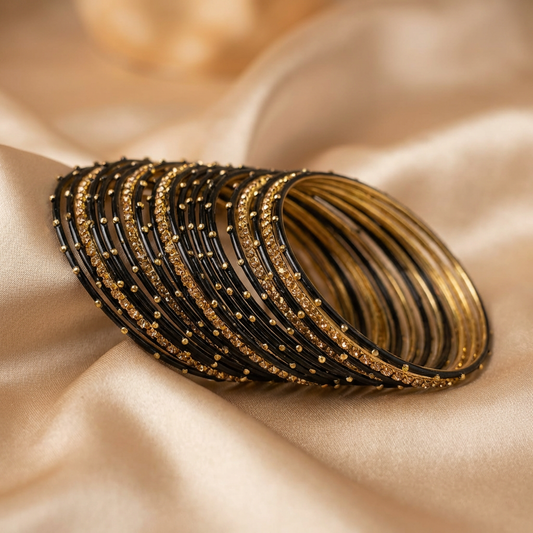 Black & Gold Metal Bangles with Crystal Stones set of 18