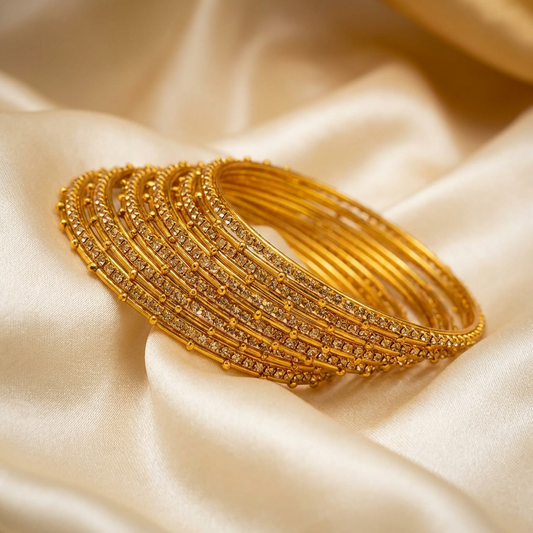 Gold Metal Bangles with Crystal Stones set of 18