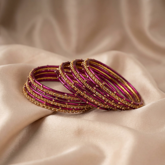 Purple & Gold Metal Bangles with Crystal Stones set of 18